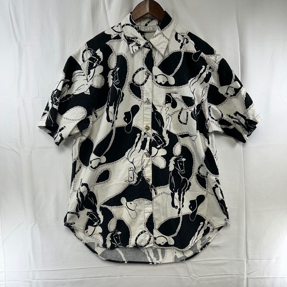 Impulse Button Shirt Womens XL Black White Equestrian Horse Metal Buttons *
